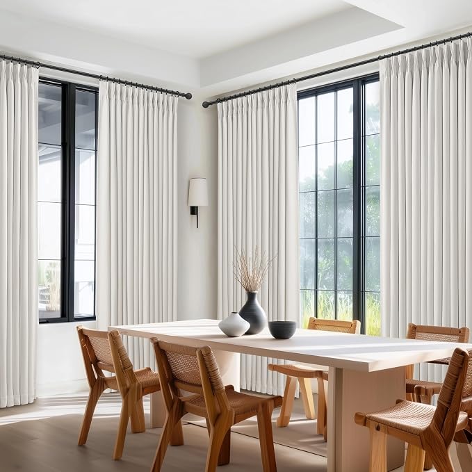 PleatedDrapes Short Blackout Thick Linen Curtains 54 Inch Long 2 Panels Set for Cafe, Off Beige White Memory Trained Pinch Pleated Thermal Cottage Core Basement Window Curtain & Drapes 4-1/2 FT Length