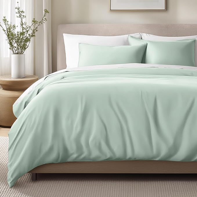 Bare Home 100% Organic Cotton Sateen Duvet Cover Set - Full/Queen Size - 400 Thread Count - Smooth Sateen Weave - Warm & Luxurious - Duvet Cover (Queen, Willow)