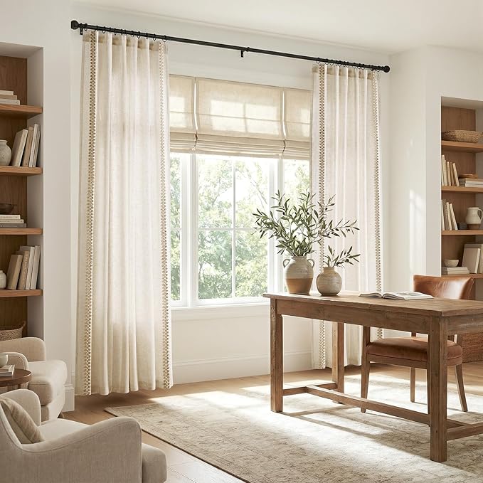 jinchan Beige Linen Blend Curtains with Woven Trim Boho Curtains 84 Inches Length 2 Panels for Living Room Bedroom Light Filtering 50 Inches Wide Rustic Farmhouse Drapes with Rod Pocket Back Tab Ecru