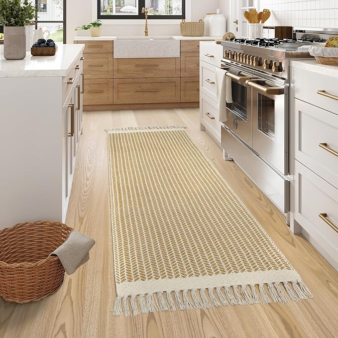 Lahome Belle Boho Bathroom Runner Rug, 2x6 Laundry Room Lightweight Entry Runner Woven Cotton Throw Carpet with Tassels, Farmhouse Non Shedding Washable Rugs Low Pile for Kitchen Hallway, Khaki