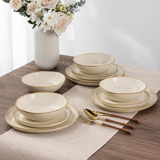 AmorArc Ceramic Dinnerware Sets,Handmade Reactive Glaze Stoneware Plates and Bowls Sets,Highly Scratch Resistant | Dishwasher & Microwave Safe Dishes Set,Service for 4 (12pc)