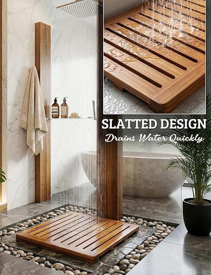 Acacia Wood Shower Mat 21x21 Inches by Demigo, Luxury Bath Mat Non Slip for Bathroom Bathtub Shower Spa Garden Home, Wooden Floor Mat Square Large for Outdoor and Indoor