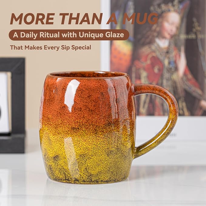 Handmade 22oz Ceramic Coffee Mug, Ergonomic Large Handle, Ideal Gift for Coffee Lovers, Microwave & Dishwasher Safe (Minute-Orange&Yellow)