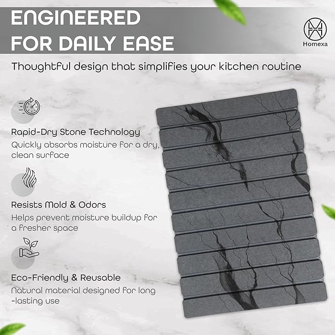 Stone Dish Drying Mat 24" x 16" – Dish Drying Stone Mat – Large Diatomaceous Earth Drying Mat with Non-Slip Base – Quick Dry Kitchen Drying Pad for Dishes, Glassware & Bottles (Marbled Dark Grey)
