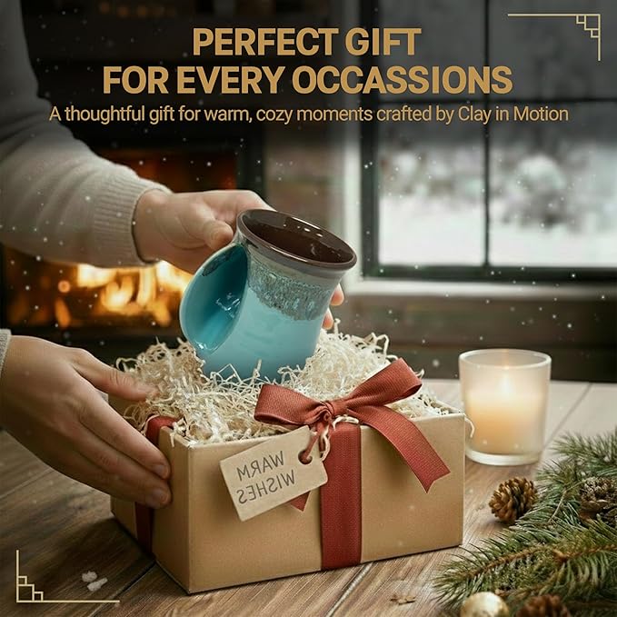 Clay in Motion Hand Warmer Coffee Mug – Handmade Coffee Mug With Comfortable Handle Contoured Pocket Hand Warming Ceramic Coffee Mug – Proudly Made in USA – Left Handed – 14 Oz - Ocean Tide