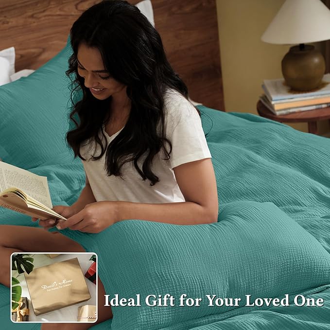 David's Home 100% Cotton Muslin Duvet Cover Set Twin Size,2 Pcs Ultra Soft Breathable & Lightweight Gauze Bedding Set with 1 Pillowcase,Textured Home Decor with Button, 68"×90" Teal,No Insert