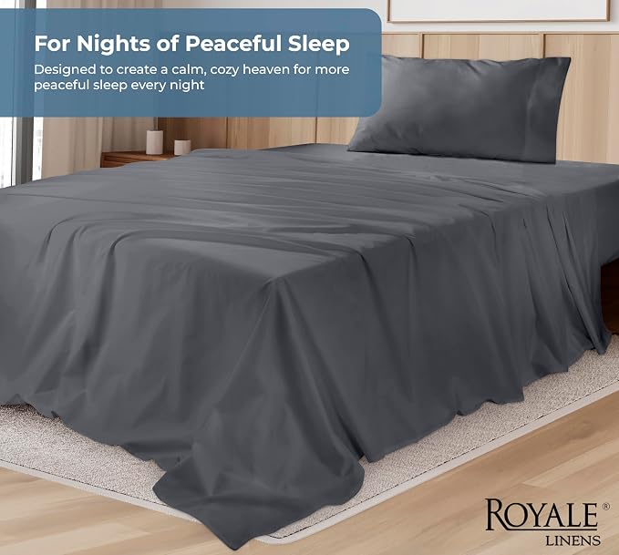 ROYALE LINENS 100% Organic Cotton Twin Sheet Set - Percale Weave - 3 Pieces Set - 1 Flat, 1 Deep Pocket Fitted Sheet and 1 Pillowcases - Grey Bed Sheets - Sábanas Twin - Crisp Cool (Grey)