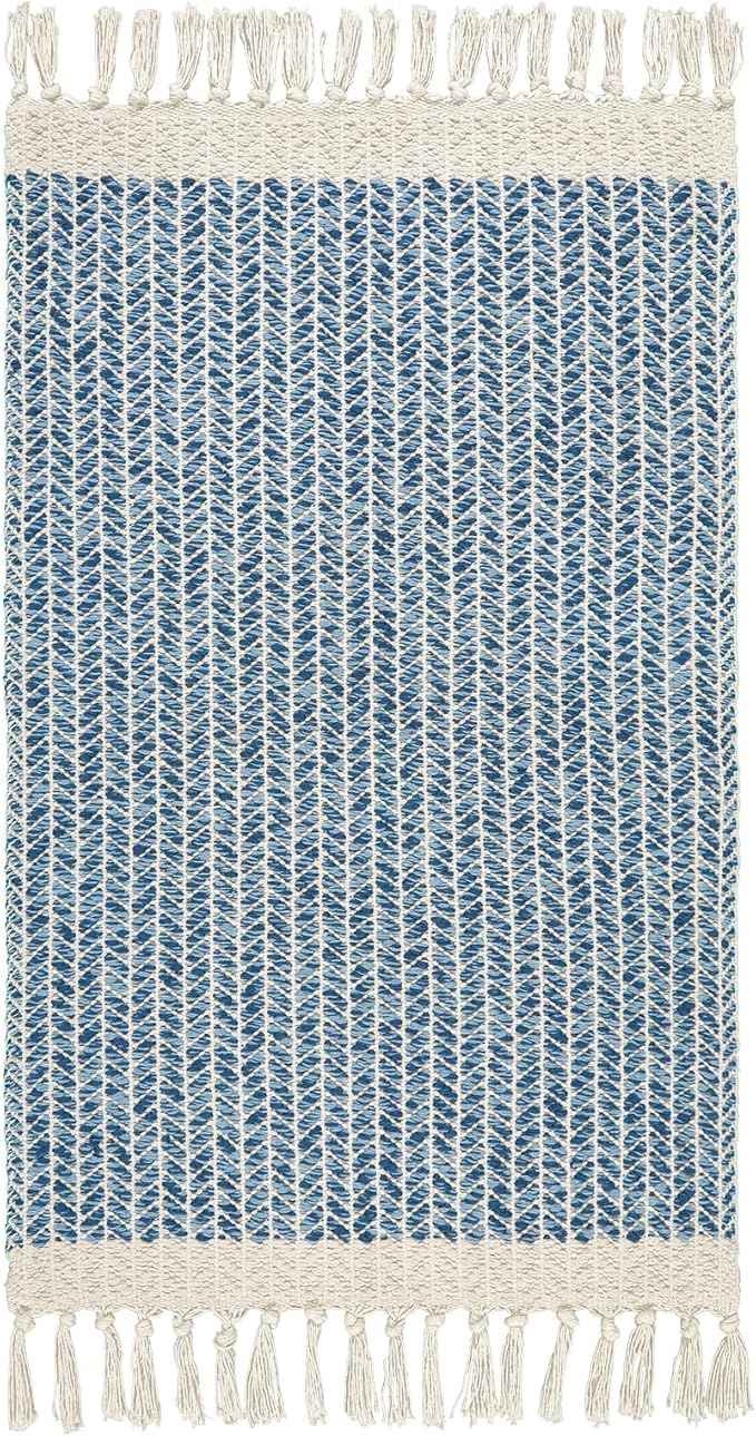 Lahome Belle Boho Bathroom Rugs, Small 2x3 Front Door Bath Mats Lightweight Entryway Rug Woven Cotton Area Rug with Tassels, Farmhouse Blue Throw Rug Washable Low Pile Carpet for Kitchen