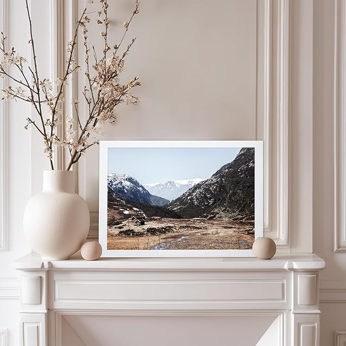 Monem Art Scandinavian Mountain Cabin Landscape Photography Print - Nordic Nature Scenic Art Poster - Wall Decor for Living Room, Bedroom or Office - 12x16 White Framed Wall Art by Mareike Bohmer