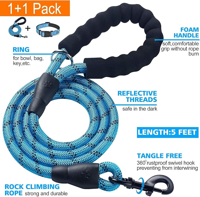 Ladoogo Reflective Dog Collar Padded with Soft Neoprene Breathable Adjustable Nylon Dog Collars for Small Medium Large Dogs (Medium (Pack of 1), Vivid Blue Collar+Leash)