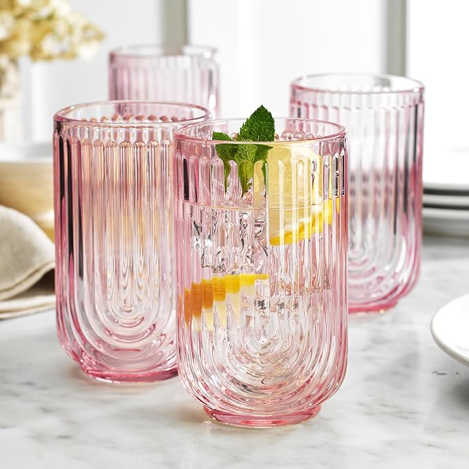 Glaver's Vintage Glassware Art Deco Glasses Ribbed Drinking Glasses U-Shape Arch Design Colored Cocktail Kitchen Tumblers Everyday Dinner Decorative Party Hand-Wash Only (Pink S/4 17oz)