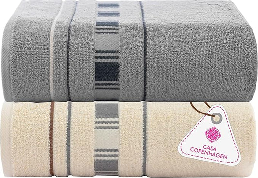 CASA COPENHAGEN X Line 2Pcs 100% Egyptian Cotton Large Designer Bathsheet Towels Gift Set- Grey - Cream, 600GSM, 35"x70" 2Bath Sheet Towels for Bathroom Set for Women & Men