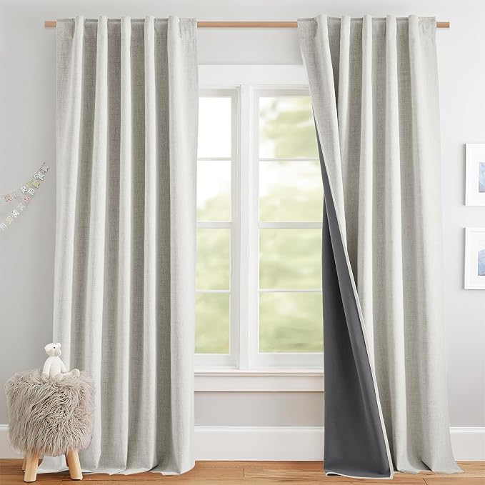 NICETOWN 100% Black Out Curtains 84 inch Long 2 Panels, Linen Blend Thermal Insulated Curtains with Liner for Bedroom, Farmhouse Style Privacy Window Draperies, Alabaster Gray, W42 per Panel