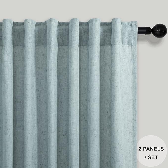 Aqua Curtains 108 Inches Long for Kids Room 2 Panels Set Back Tab Pocket Drapes Light Filtering Semi Sheer Linen Polyester Farmhouse Mint Green Curtain for Living Dining Sliding Seafoam Teal Grey 9 FT