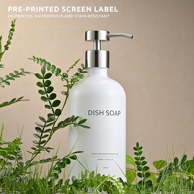 Glass Soap Dispenser Bathroom Set by Janxin, Foaming Kitchen soap Dispenser with Ceramic Tray for Dish Soap, Liquid Soap Dispenser for Hand Soap, Lotion, Body Wash (White+Silver)