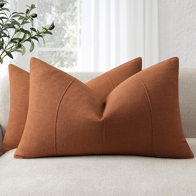 ZWJD 12x20 Pillow Covers Set of 2 Decorative Linen Lumbar Pillow Covers Solid Handcrafted Striped Cushion Covers for Bed Soft Modern Farmhouse Neutral Pillowcase for Couch Bedroom Living Room (Rust)