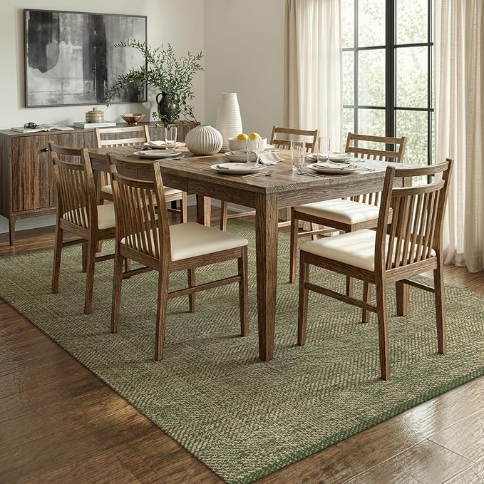 LEEVAN Boho Living Room Rugs 5X8 ft, Washable Woven Cotton Modern Bedroom Area Rug, Green/Natural Braided Floor Carpet for Dining Room Nursery Room, Outdoor Rug for Patio Balcony Decor