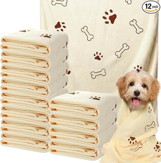 Irenare 12 Pack Dog Bath Towel Set 20'' x 39'' Microfiber Towels for Drying Dogs, Dog Drying Grooming Towel Absorbent Quick Soft Cat Shower Essential for Small Medium Puppy Pet (Beige)