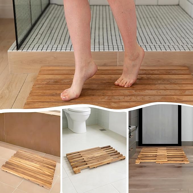 21"x14"Teak Shower Mat – Solid Non-Slip Bathtub & Shower Mat, Natural Wooden Bathroom Floor Mat, Bath Mat for Spa, Sauna Room, Pool, Indoor & Outdoor Use