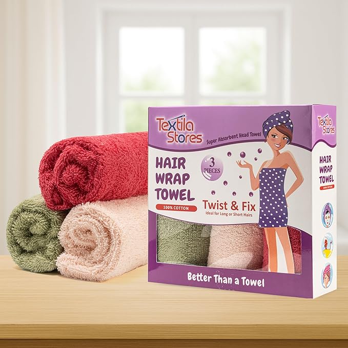 Textila 100% Cotton Hair Wrap Towels for Women (Pack of 3, Rasberry, Pink & Green) – Soft & Absorbent Turban Towels for Long, Curly, Frizz-Prone Hair