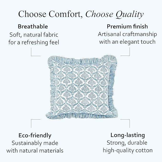 CPC Indigo Regal Hand Block Print 100% Cotton Ruffle Throw Pillow Cover 18x18 inch with Hidden Zipper Decorative for Couch, Bed, Sofa, Farmhouse, Cottagecore Decor Gift Christmas Fall Thanksgiving