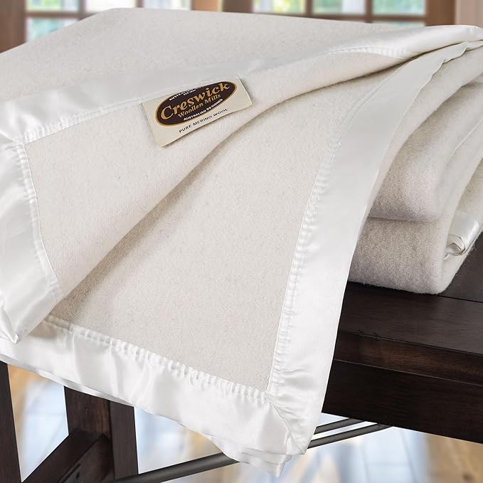 Creswick Woollen Mills 100% Australian Merino Wool Blanket – Soft Warm and Natural with Satin Binding, Breathable Luxury Bedding for All Seasons, (Natural, Throw)