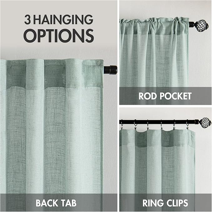 MIULEE Sea Green Linen Curtains 72 Inch Length for Bedroom Living Room, Soft Thick Linen Textured Window Drapes Semi Sheer Light Filtering Back Tab Rod Pocket Burlap Look Aqua Decor, 2 Panels