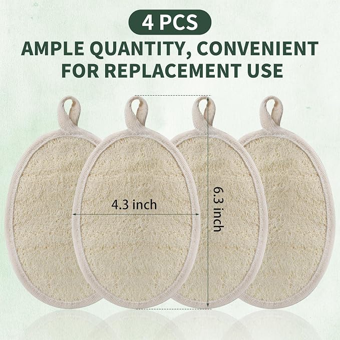 SAMEBUTECO 4 Pack Natural Loofah Exfoliating Body Scrubber Pads,Large Size 6.3x4.3 Inch Shower Loofah Sponges with Elastic Strap & Hanging Loop, Bath Scrubber for Adults