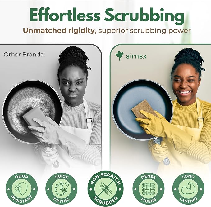 AIRNEX Bamboo Dish Brushes & Coconut Husk Scouring Pads – Eco-Friendly, Odor Free & Non-Scratch Cleaning for Dishes, Pots, Pans, and Sink – 2 Sisal Brushes & 12 Heavy-Duty Scrub Pads