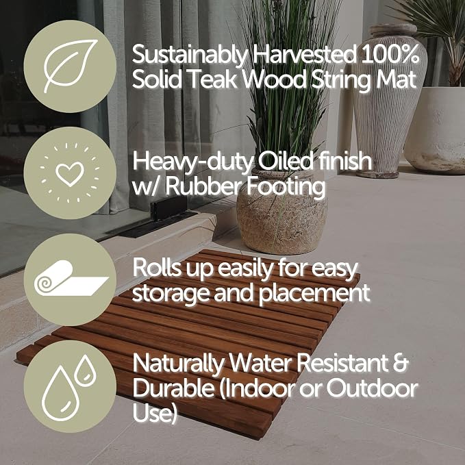 Nordic Teak 100% Solid Teak Wood String Mat - Indoor and Outdoor Use - Non-Slip Wooden Platform for Sauna, Pool, Hot Tub Flooring Decor and Protector (Oiled Finish, 23.62" x 15.75")
