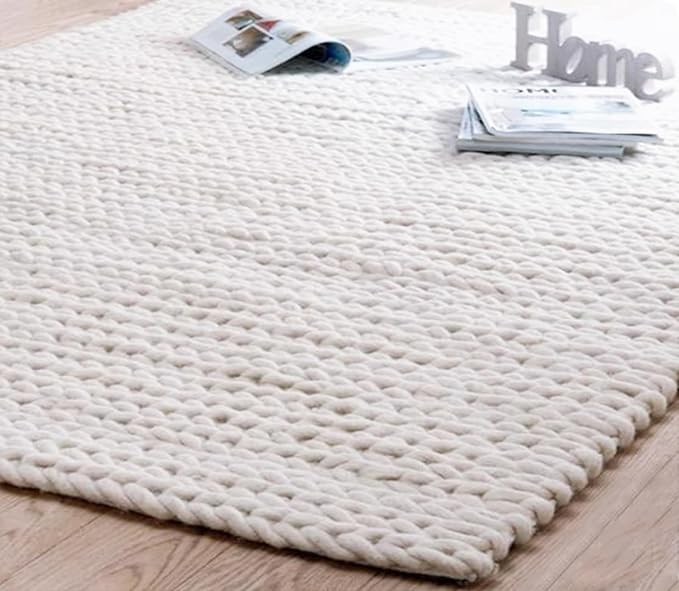 FRELISH DECOR Wool Cotton Premium Hand Woven Braided Chunky Cable Rug - Contemporary Throw Rug for Kitchen Bedroom Nursery Entryway (3' x 5' - Ivory)