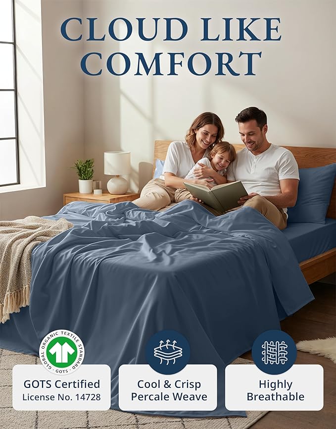 LANE LINEN Eco Friendly 100% Organic Cotton Fully Elasticized Full Sheet Set, Low Pilling Fade Resistant Machine Washable Naturally Cooling Full Bed Sheets, Soft & Comfy Cotton Bedding - Estate Blue