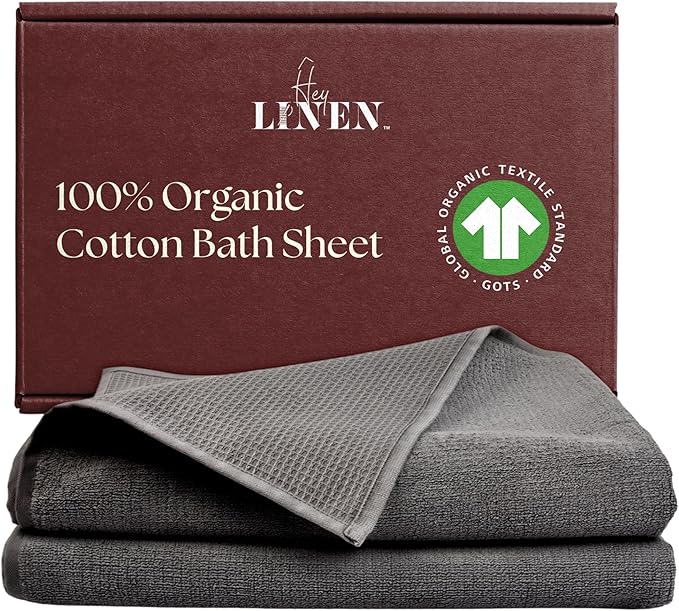 100% Organic Cotton Bath Towel Set of 2 | Luxury 650 GSM Beach & Spa Towels | Soft Large Quick Dry Towel for Bathroom | Waffle Terry Weave | Grey 35x60