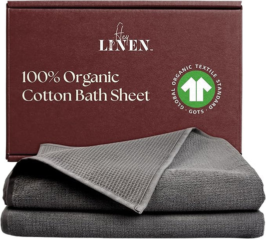 100% Organic Cotton Bath Towel Set of 2 | Luxury 650 GSM Beach & Spa Towels | Soft Large Quick Dry Towel for Bathroom | Waffle Terry Weave | Grey 35x60
