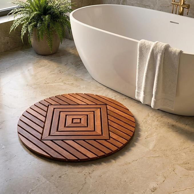 Designer Round Teak Shower Mat, Xtra-Large 32” Diameter, Waterproof, Teak Oil Finish, for Bathroom, Pool, Spa, Boat, Sauna, Patio, Front Door from Our Diamond Collection