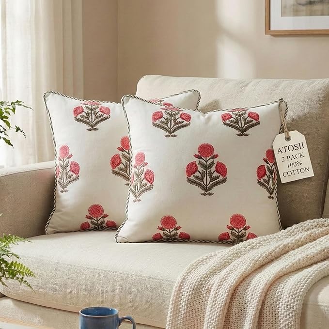 ATOSII Block Print Boho Throw Pillow Covers, 20 X 20, Set of 2, Decorative Couch Pillows for Living Room, 100% Cotton Canvas Acccent Pillows, Christmas Thanksgiving Fall Preppy Throws - Poppy