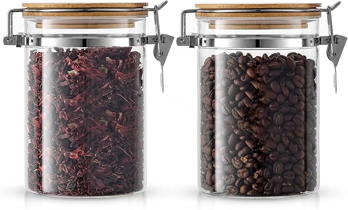 JoyJolt Borosilicate Glass Jars With Bamboo Lids (27oz). 2PC Set of Airtight Storage Jars with Clamp Lids for Pantry Storage. Air Tight Sealable Containers for Kitchen Organization.