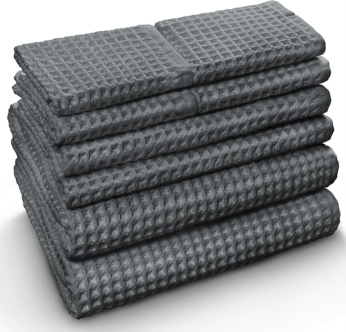 Softerry European Waffle Weave Bath Towel Set of 8-100% Organic Cotton - Quick Dry Lint Free Thin and Absorbent - Fade Resistant - Eco-Friendly (Space Gray)