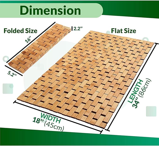Bamboo Bath Mat, Natural Bamboo Wood, Rectangular, Non Slip, Brown, 23.6" x 15.7" for Spa Tub and Kitchen