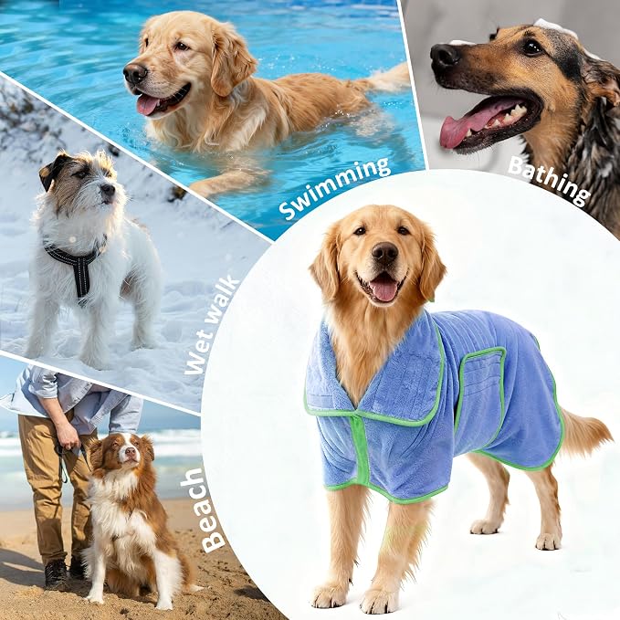 Soft Dog Bathrobe Fast Drying Dog Coat, Super Absorbent Dog Towels for After Bath, Microfiber Pet Robe Adjustable Collar & Belly Warm Keeping Dogs Coat for Pet Dogs & Cats (Blue, Medium)