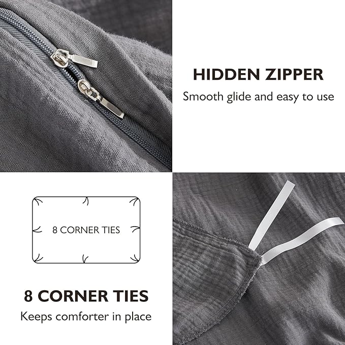 EMME Muslin Cotton Duvet Cover Set Queen Size Linen Like Soft Breathable Lightweight Summer Comforter Cover Set with Zipper Closure (Dark Grey, Queen, 90"x90")