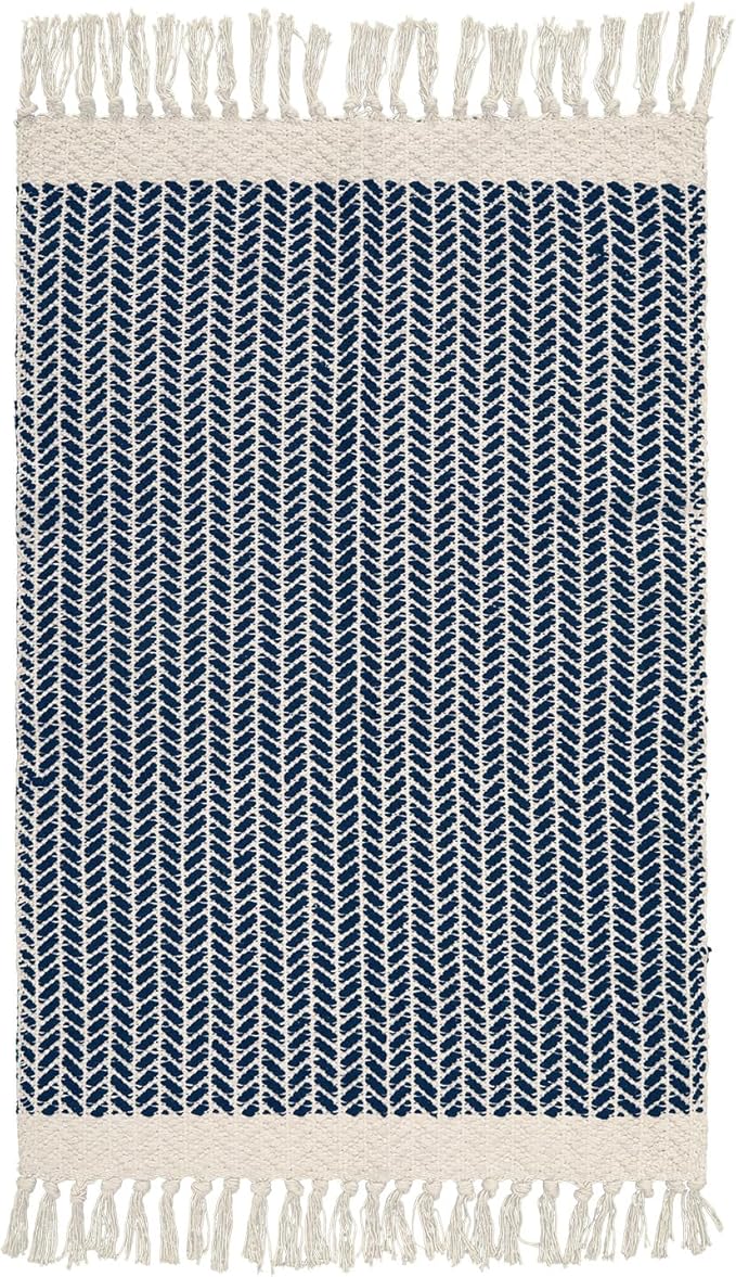 Lahome Belle Boho Bathroom Rugs, Small 2x3 Front Door Mat Lightweight Entryway Rug Woven Cotton Area Rug with Tassels, Farmhouse Non Shedding Washable Blue Throw Rug Low Pile Carpet for Entry Laundry