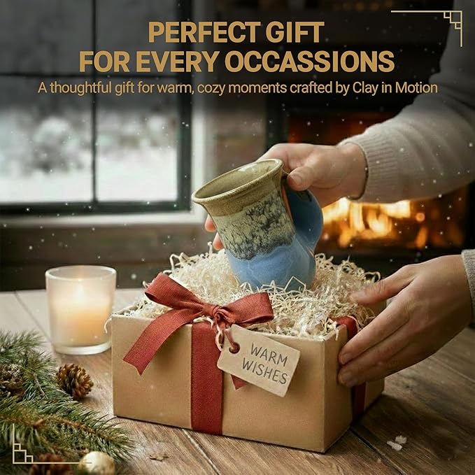 Clay in Motion Hand Warmer Coffee Mug – Handmade Coffee Mug With Comfortable Handle Contoured Pocket Hand Warming Ceramic Coffee Mug – Proudly Made in USA – Right Handed – 14 Oz - Sandy Beach