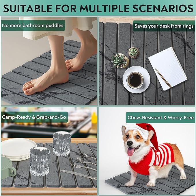 Large Stone Dish Drying Mat for Kitchen Counter ,Fast Drying Non-Slip Collapsible Dish Drying Mat ,Eco-Friendly Super Absorbent Diatomaceous Earth Mats for Dishes Bottles Cups Bathroom,24"(L)×16 (W)