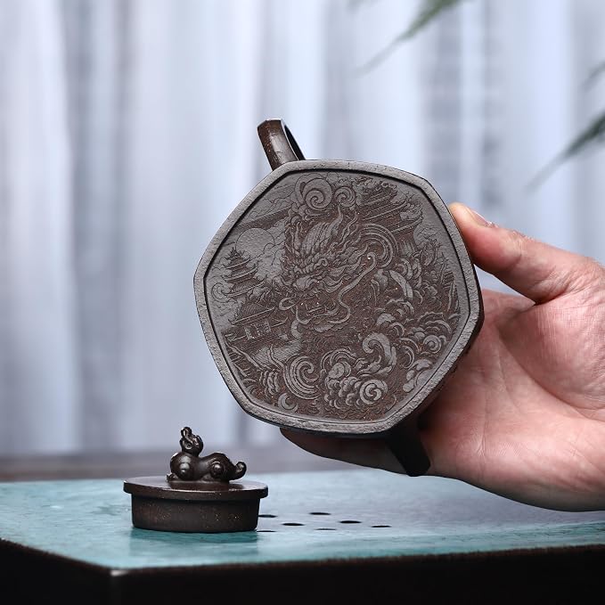 Zisha Teapot, Chinese Yixing Clay Handmade Tea Pot 8 Oz, Infuse Brew Kung Fu Loose Leaf Tea Maker -Ruishou,Golden Black Clay