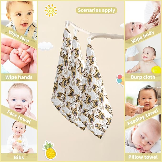 Baby German Shepherd Dog Muslin Washcloths 3 Pack - Muslin Burp Cloths Hanky Large 11.8"X11.8" Extra Soft Absorbent Baby Burp Rags for Newborn 100% Cotton for Boys Girls Gift