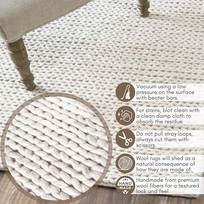 FRELISH DECOR Wool Cotton Area Rug for Living Room and Bedroom, 6'x9' Handwoven Braided Chunky Knit Cable Rugs, Farmhouse Contemporary Area Rug: Wool Ivory Premium