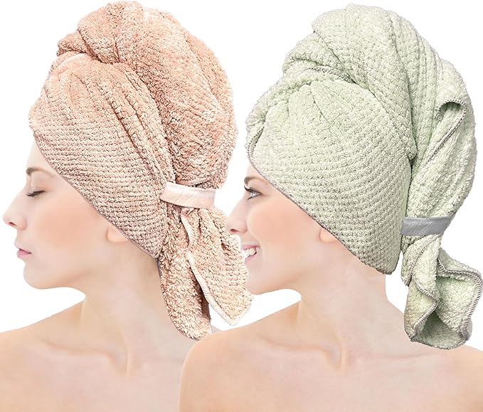 Chloven 2 Pack Extra Large Microfiber Hair Towel - Anti-Frizz Hair Drying Towel for Women，Ultra Absorbent & Lightweight Hair Towel Wrap for Long & Thick Hair,Breathable Hair Turbans with Elastic Band