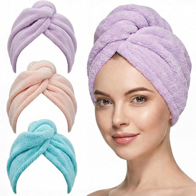 3 Pack Microfiber Hair Towel Wrap for Women 26 x 10 in | Hair Drying Towel with Button |Hair Turban Towel Quick Dry Coral Fleece Head Towels (Pink + Purple + Green)