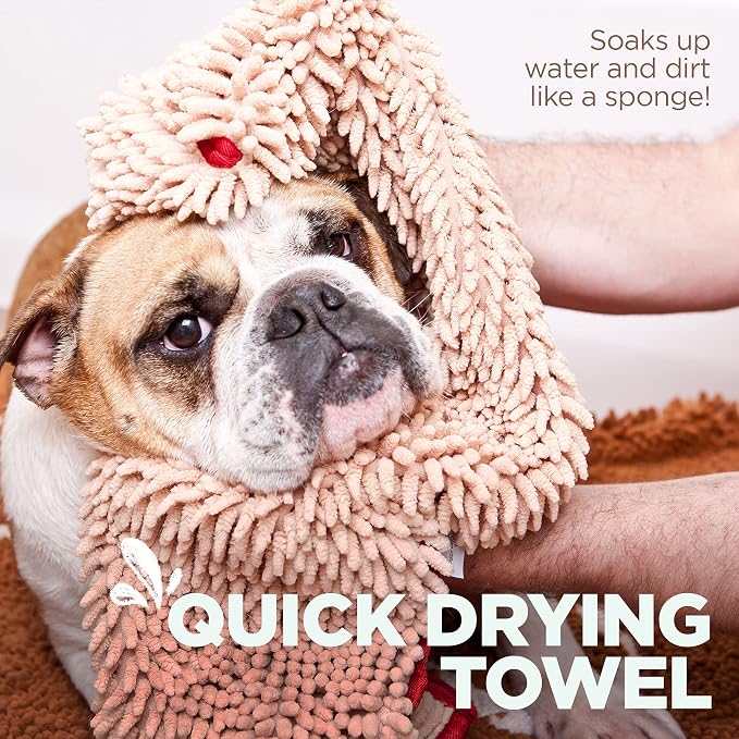 Soggy Doggy Super Shammy Dog Towel – Absorbent Microfiber Chenille Pet Towel for Drying Wet Dogs, Muddy Paws, Quick Dry Dog Shammy with Hand Pockets, Machine Washable – Beige/Red Trim, 31” x 14”